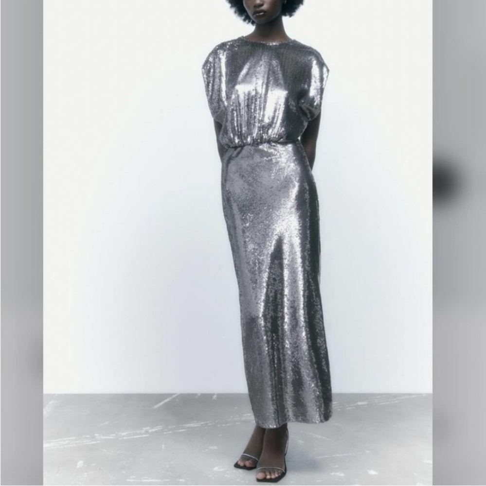 Zara SEQUIN SILVER LONG DRESS GOWN Size S - Picture 13 of 16